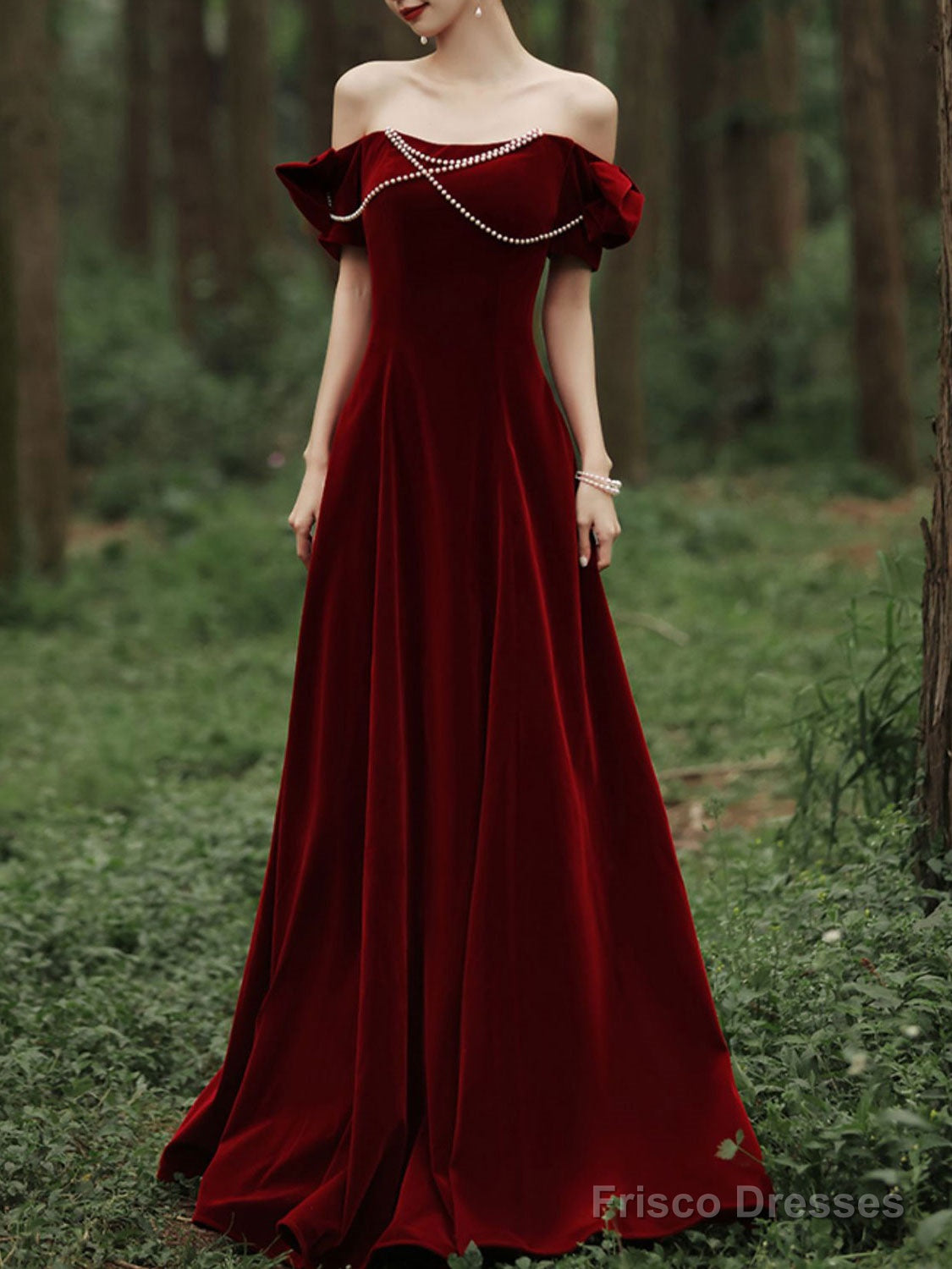 Velvet A Line Burgundy Long Prom Dress, Burgundy Formal Evening Dresses Main image