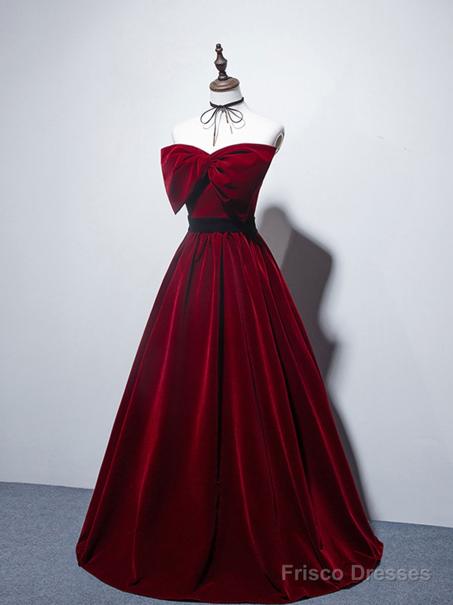 Velvet A Line Burgundy Satin Long Prom Dress, Velvet Bridesmaid Dress Secondary image