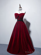 Velvet A Line Burgundy Satin Long Prom Dress, Velvet Bridesmaid Dress
