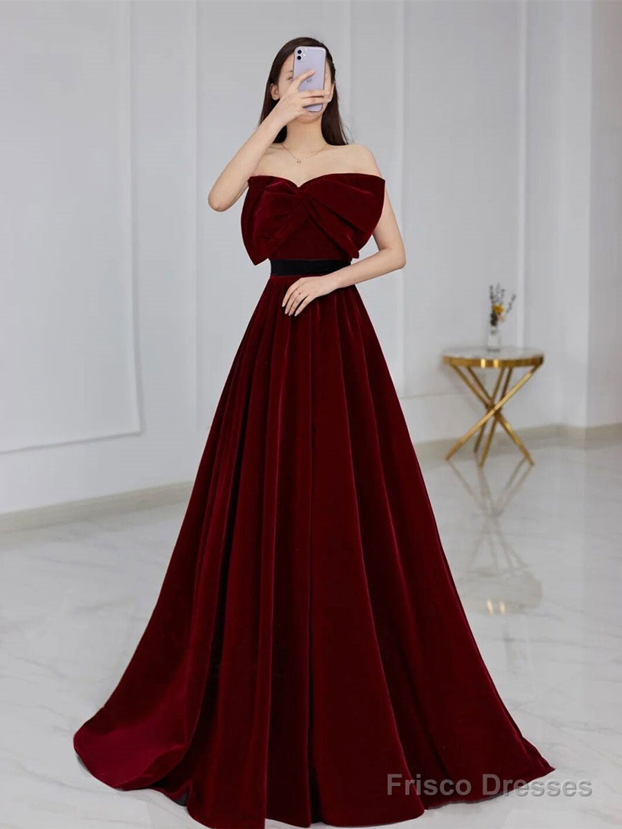 Velvet A Line Burgundy Satin Long Prom Dress, Velvet Bridesmaid Dress