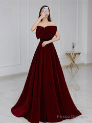 Velvet A Line Burgundy Satin Long Prom Dress, Velvet Bridesmaid Dress
