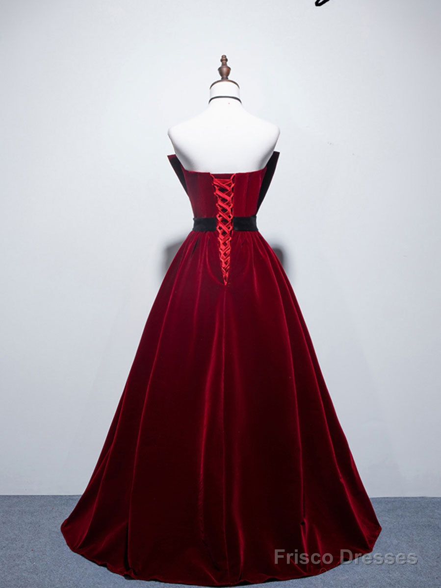 Velvet A Line Burgundy Satin Long Prom Dress, Velvet Bridesmaid Dress