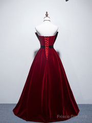 Velvet A Line Burgundy Satin Long Prom Dress, Velvet Bridesmaid Dress