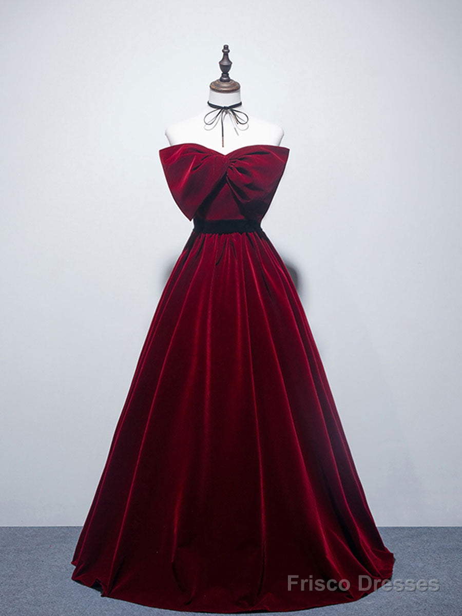Velvet A Line Burgundy Satin Long Prom Dress, Velvet Bridesmaid Dress Main image