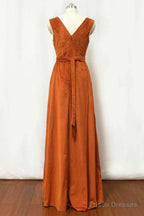 Velvet Burnt Orange Formal Dress V-Neck Bridesmaid Dress Pleated With Belt
