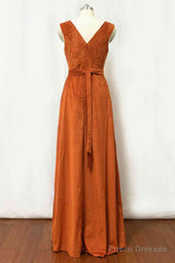 Velvet Burnt Orange Formal Dress V-Neck Bridesmaid Dress Pleated With Belt