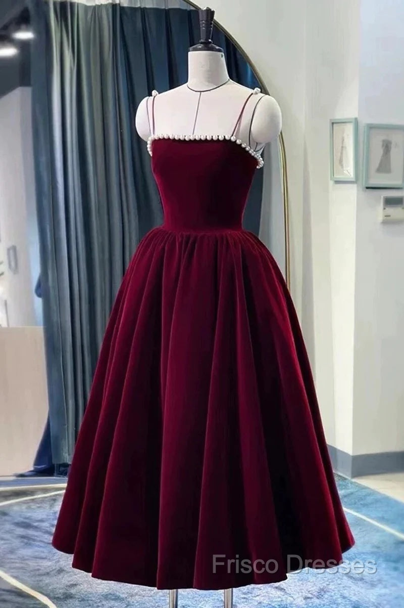Velvet Tea Length Pearls Straps Formal Dress, Velvet Wedding Party Dress Secondary image