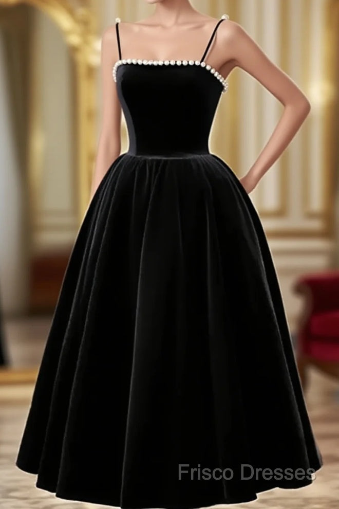 Velvet Tea Length Pearls Straps Formal Dress, Velvet Wedding Party Dress Main image