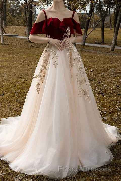 UniqueDresss Vintage Red Straps Tulle Formal Prom Dress, Elegant Applique Formal Prom Dress