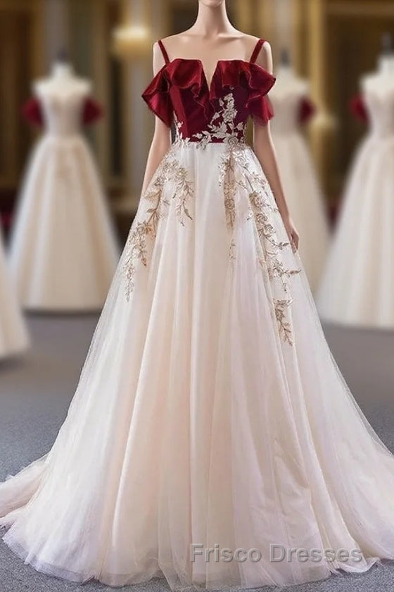 UniqueDresss Vintage Red Straps Tulle Formal Prom Dress, Elegant Applique Formal Prom Dress Main image