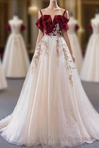 UniqueDresss Vintage Red Straps Tulle Formal Prom Dress, Elegant Applique Formal Prom Dress