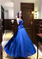 Vibrant Royal Blue A-Line Spaghetti Strap Knot-Embellished Chiffon Long Prom Dress Evening Dress