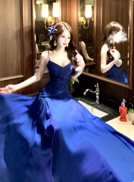 Vibrant Royal Blue A-Line Spaghetti Strap Knot-Embellished Chiffon Long Prom Dress Evening Dress