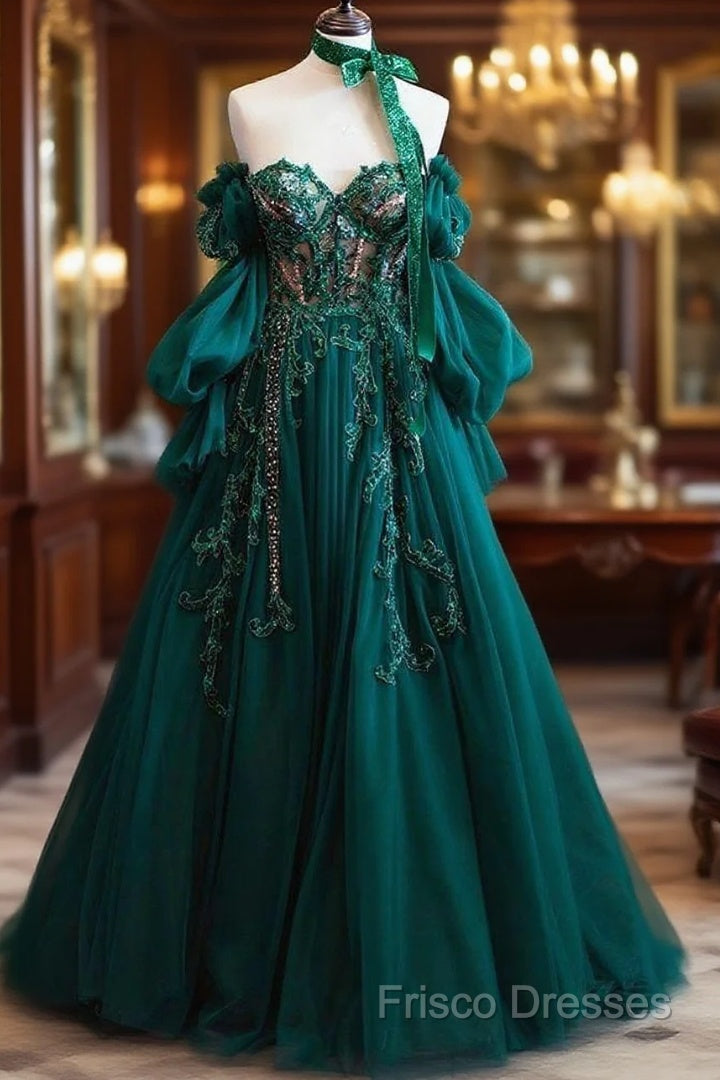 Vintage A Line Appliques Lace-Up A-Line Dark Green Tulle Formal Prom Dress Main image