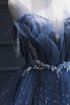 Vintage A-Line Blue Tulle Beaded Long Senior Prom Dress Formal Dress