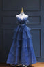 Vintage A-Line Blue Tulle Beaded Long Senior Prom Dress Formal Dress