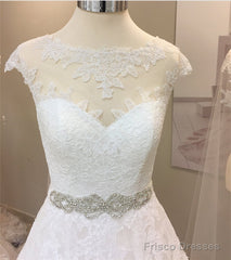 Vintage A-Line Cap Sleeves Crystal Beaded Sashes Wedding Lace Dresses