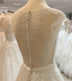 Vintage A-Line Cap Sleeves Crystal Beaded Sashes Wedding Lace Dress