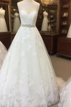 Vintage A-Line Cap Sleeves Crystal Beaded Sashes Wedding Lace Dress