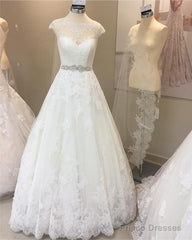 Vintage A-Line Cap Sleeves Crystal Beaded Sashes Wedding Lace Dresses