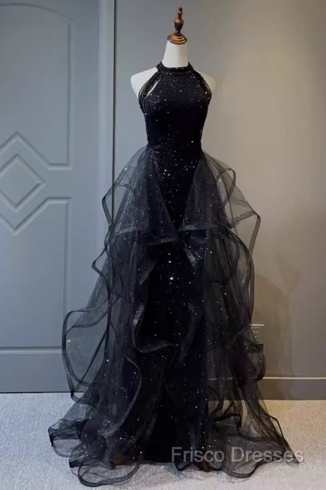 Vintage A Line Halter Black Party Dress Sequin Formal Prom Dress Secondary image