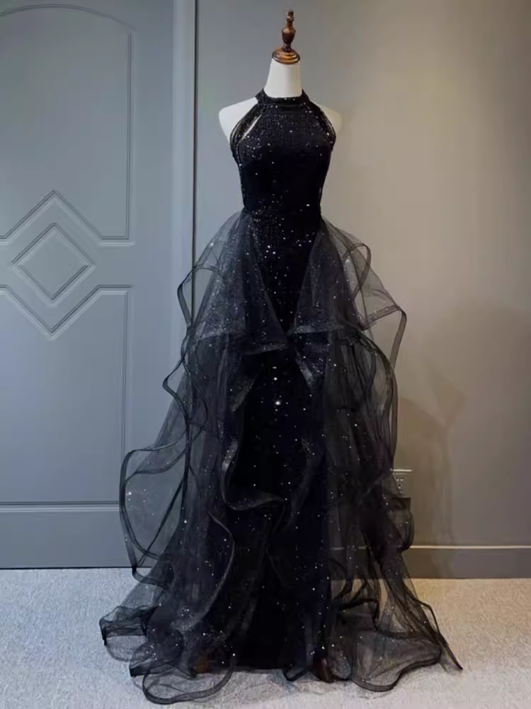 Vintage A Line Halter Black Party Dresses Sequin Prom Dresses Secondary image