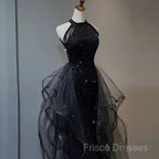 Vintage A Line Halter Black Party Dress Sequin Formal Prom Dress