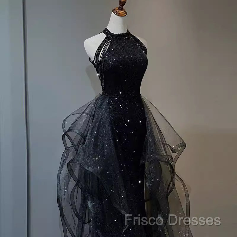 Vintage A Line Halter Black Party Dress Sequin Formal Prom Dress
