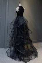 Vintage A Line Halter Black Party Dress Sequin Formal Prom Dress