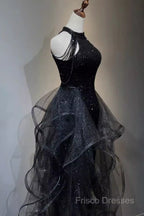 Vintage A Line Halter Black Party Dress Sequin Formal Prom Dress
