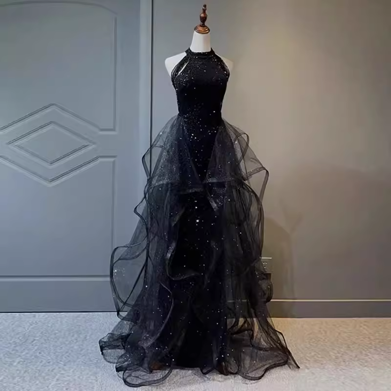 Vintage A Line Halter Black Party Dresses Sequin Prom Dresses Main image