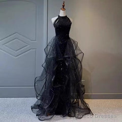 Vintage A Line Halter Black Party Dresses Sequin Prom Dresses