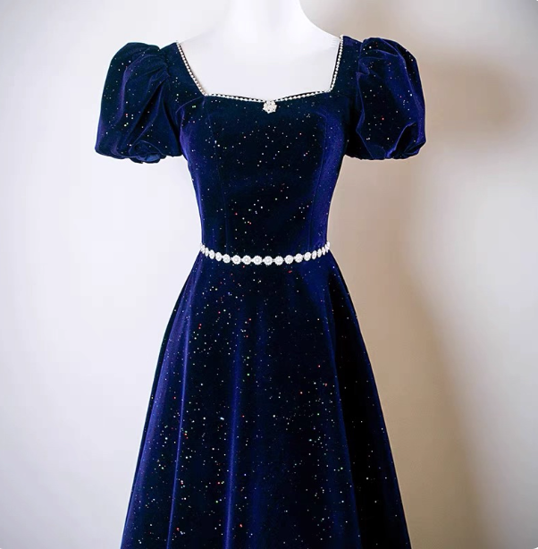 Vintage A-Line Navy Blue Square Neck Short Sleeve Glitter Satin Long Prom Dress Evening Dress