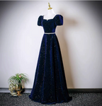 Vintage A-Line Navy Blue Square Neck Short Sleeve Glitter Satin Long Prom Dress Evening Dress