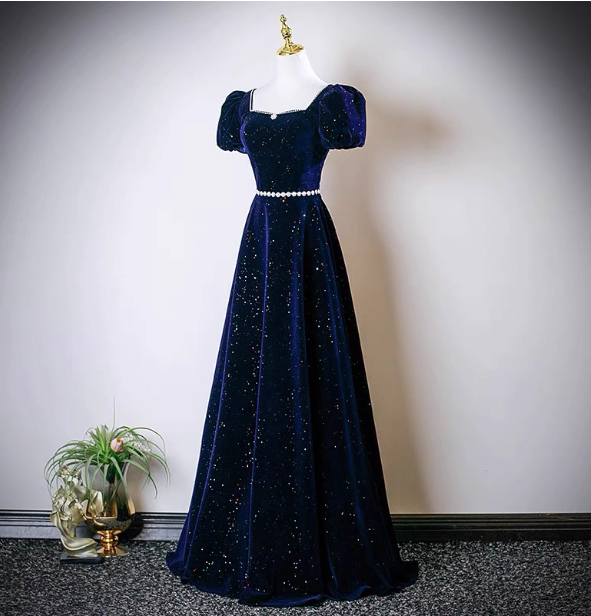 Vintage A-Line Navy Blue Square Neck Short Sleeve Glitter Satin Long Prom Dress Evening Dress