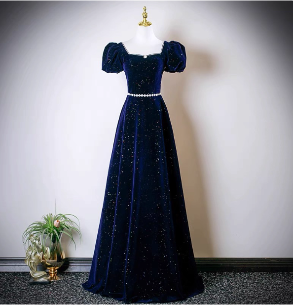Vintage A-Line Navy Blue Square Neck Short Sleeve Glitter Satin Long Prom Dress Evening Dress