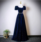 Vintage A-Line Navy Blue Square Neck Short Sleeve Glitter Satin Long Prom Dress Evening Dress