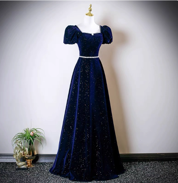 Vintage A-Line Navy Blue Square Neck Short Sleeve Glitter Satin Long Prom Dress Evening Dress