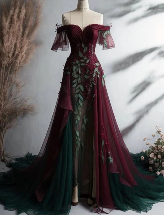 Vintage A Line Off The Shoulder Tulle Burgundy Prom Dress Main image
