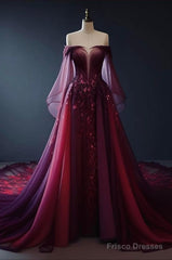 Vintage A Line Off The Shoulder Tulle Burgundy Prom Dress