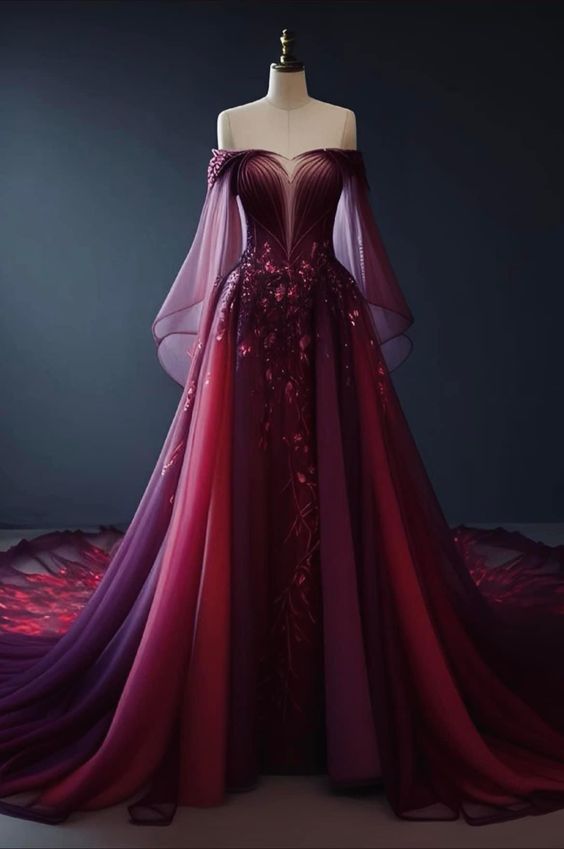 Vintage A Line Off The Shoulder Tulle Burgundy Prom Dress