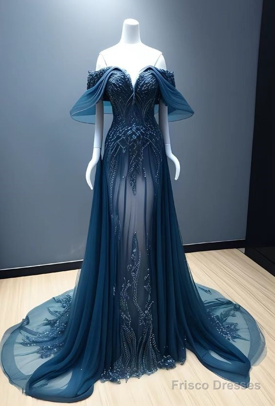Vintage A Line Off The Shoulder Tulle Navy Blue Prom Dress Main image