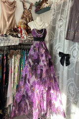 Vintage A Line Sleeveless Long Floral Chiffon Evening Dress Prom Dresses