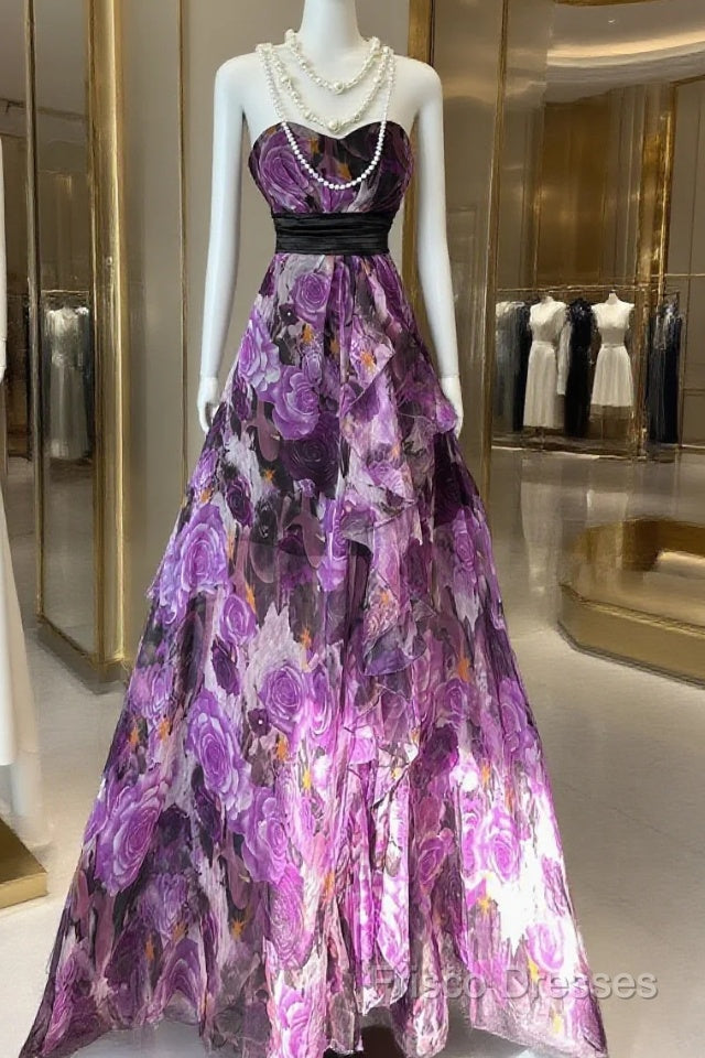 Vintage A Line Sleeveless Long Floral Chiffon Formal Dress Formal Prom Dress Main image