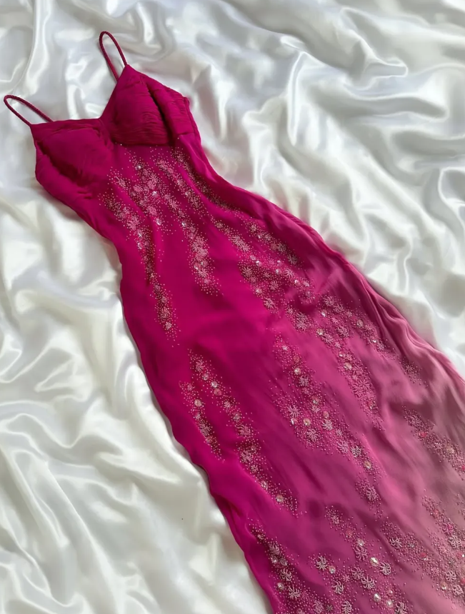 Vintage A Line Spaghetti Strap Exquisite Beaded Ombre Chiffon Prom Dress Wedding Guest Dress Secondary image