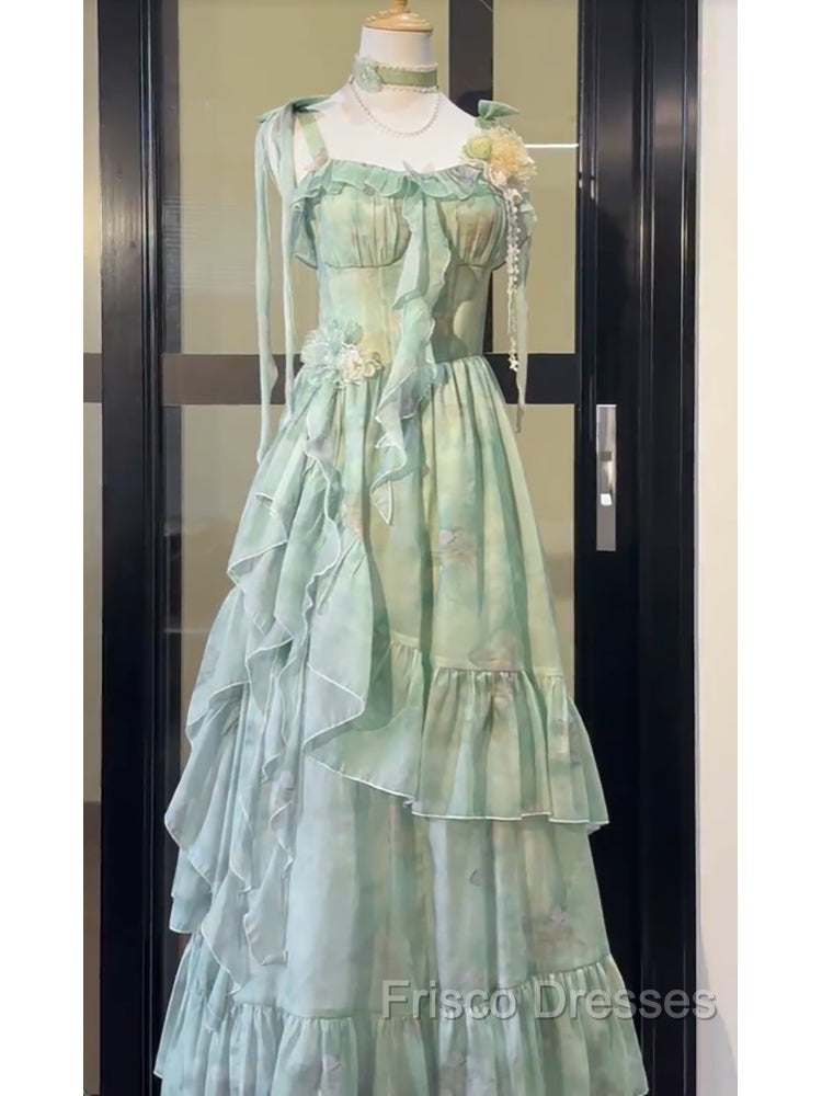 Vintage A Line Spaghetti Straps Green Floral Long Birthday Dress Formal Prom Dress Birthday Outfits Secondary image
