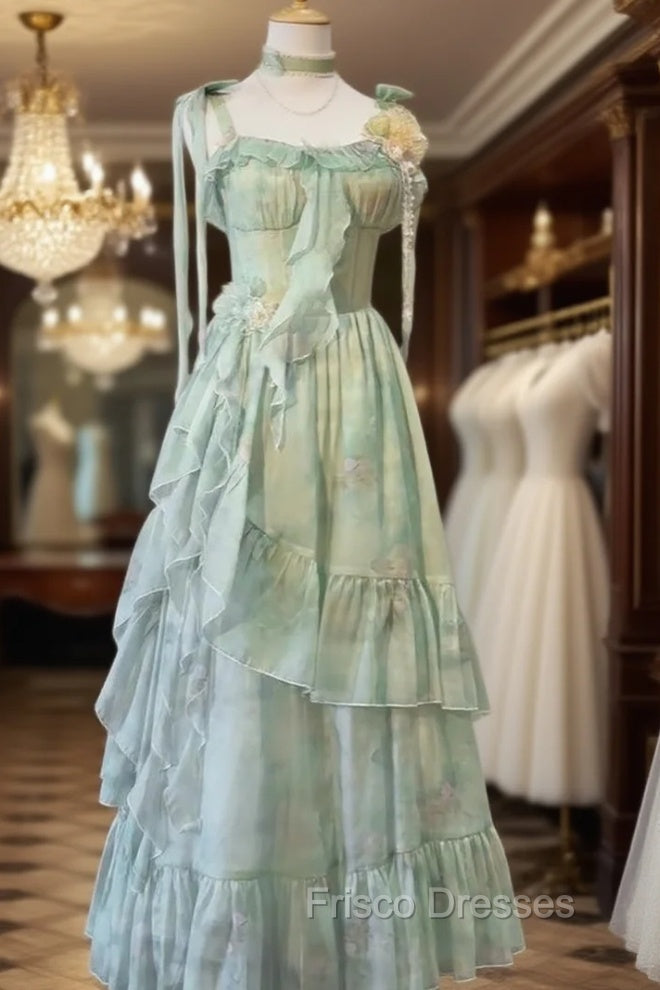 Vintage A Line Spaghetti Straps Green Floral Long Birthday Dress Formal Prom Dress Birthday Outfits Main image