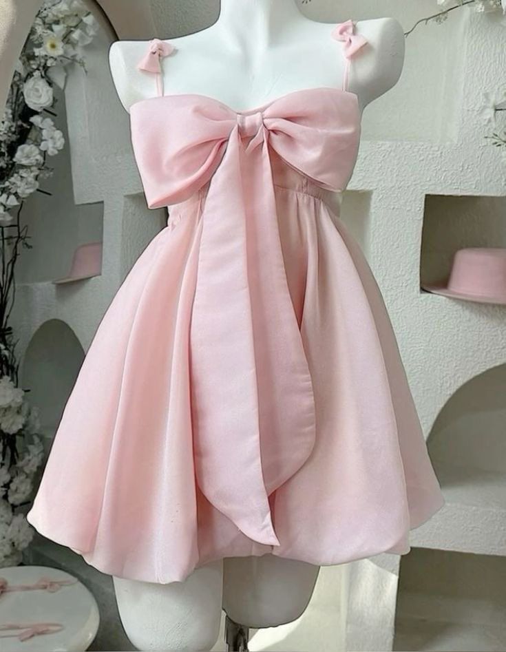 Vintage A Line Spaghetti Straps Pink Satin Bow-Knot Short Mini Formal 8Th Grade Homecoming Dresses Summer Middle School Hoco Dress Birthday Outfits Secondary image