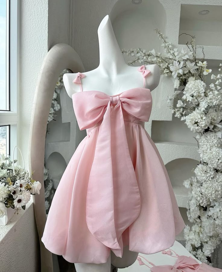 Vintage A Line Spaghetti Straps Pink Satin Bow-Knot Short Mini Formal 8Th Grade Homecoming Dresses Summer Middle School Hoco Dress Birthday Outfits Main image
