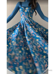 Vintage A Line Spaghetti Straps Royal Blue Floral Long Birthday Dresses Prom Dress Birthday Outfits